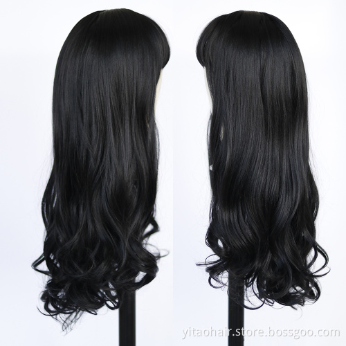 Dark black Wigs with Bangs Long Wavy Wigs for Women Synthetic Brunette Wig with Bangs Heat Resistant Natural Wavy for Daily